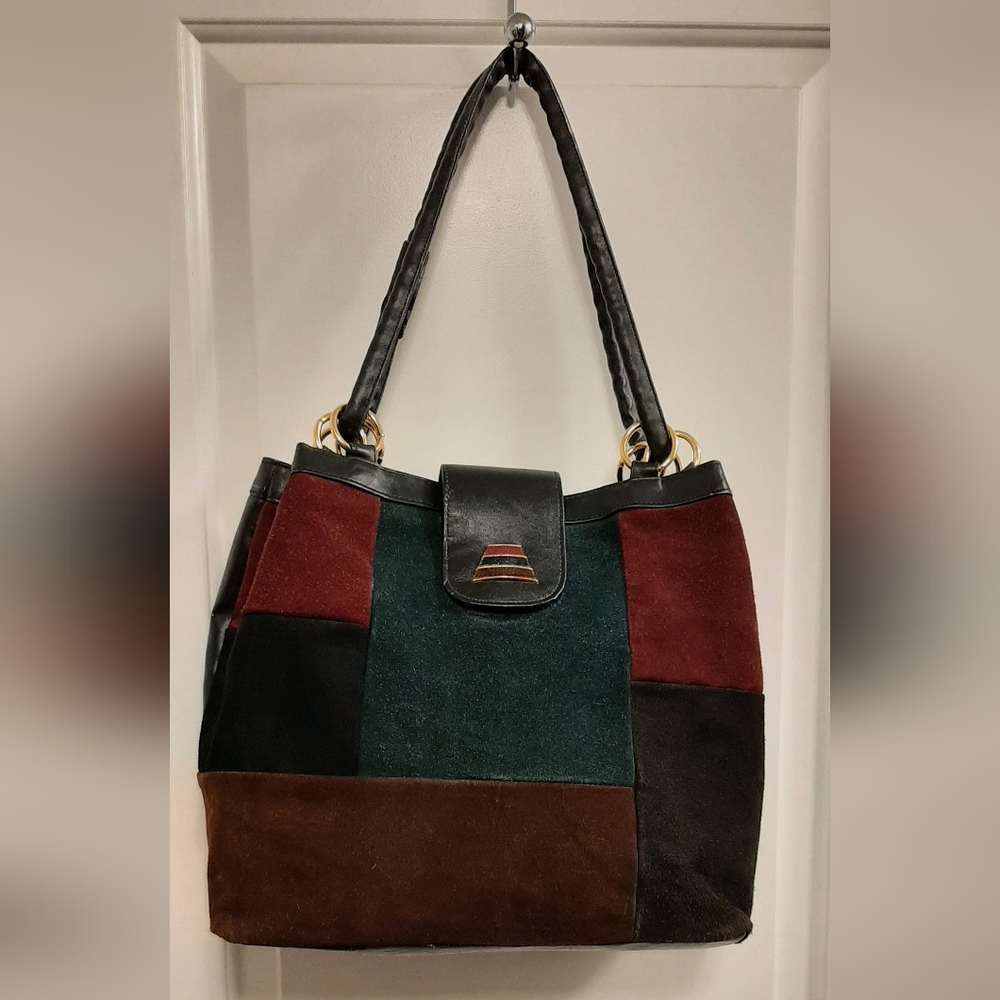 Vintage Women's Shoulder Purse Color Block Suede Vegan Leather BOHO Bag